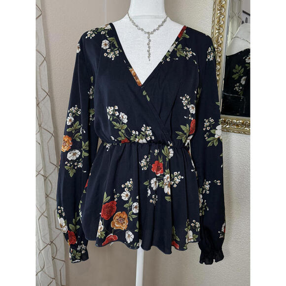 Tops - Black Floral Long Sleeve Lightweight Wrap Blouse By Shein Womens Medium
